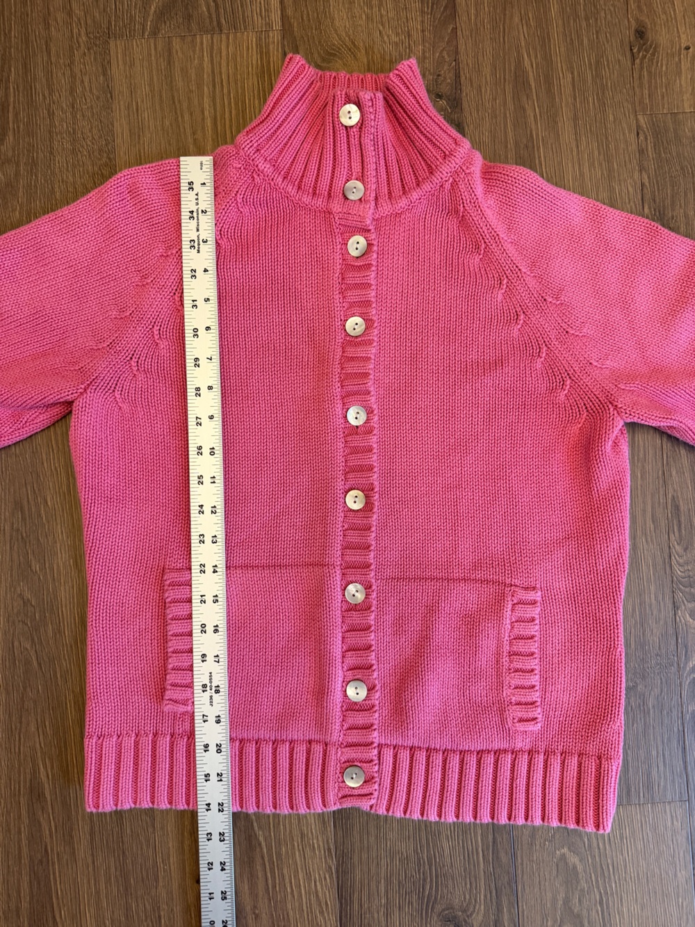 Vintage 90s Lands’ End Pink Cotton Cardigan Sweater L/P 14-16 Knit Fisherman - Picture 8 of 11
